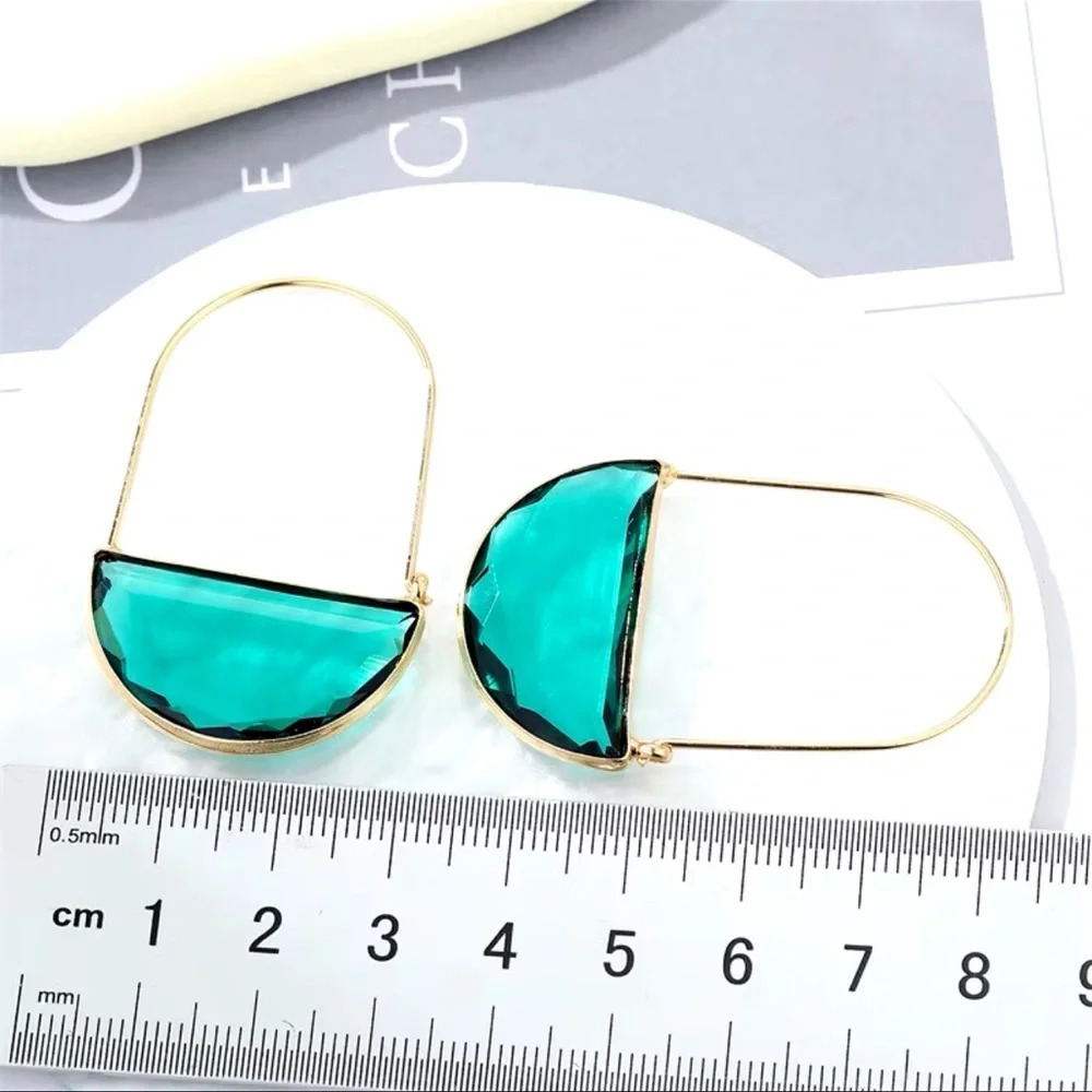 Anthropologie Gold Hoop Emerald Green Semicircle Drop Earrings - Picture 9 of 12